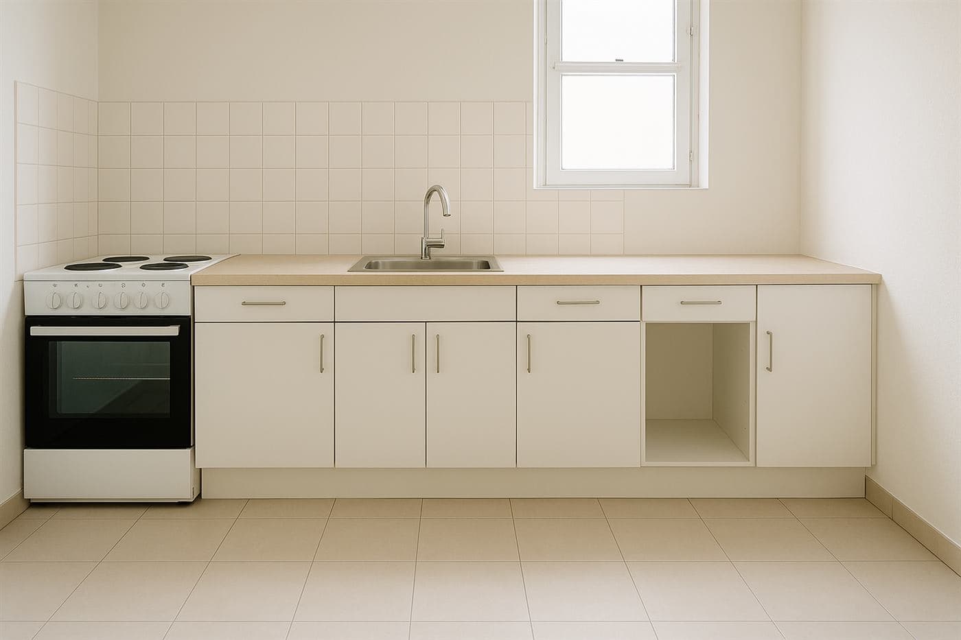 Cuisine d'un logement entièrement assaini et remis en état après intervention